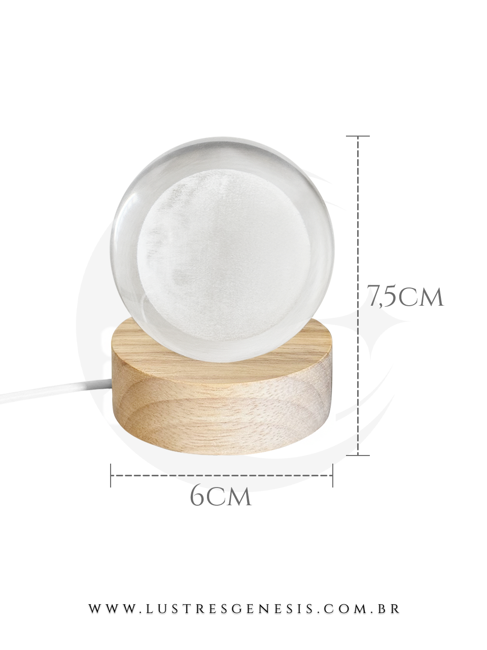 Medidas Abajur de Madeira e Cristal Lua 3D USB